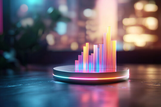 Vibrant neon bars rise from circular base, showcasing colorful spectrum of light against blurred urban background. This modern design symbolizes social media trends and digital innovation