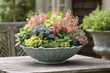 Garden arrangement showcases vibrant flowers in an elegant bowl placed on a rustic table outdoors in springtime