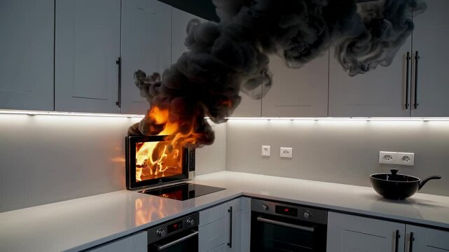 Kitchen oven blaze intensifies with thick smoke in modern home emergency