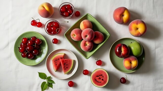 Vibrant Fruit Arrangement, Fresh Peaches and Cherries, Kitchen Table, Photography, Natural Light, Overhead View, Seasonal Delight