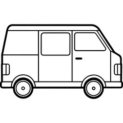 Simple line art illustration of a delivery van with open doors and mirrors isolated on white background
