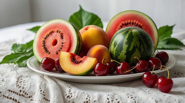 Fresh Fruit Display, Colorful Watermelons and Cherries, Indoor Setting, Food Photography, Natural Light, Close-up View, Healthy Eating Concept
