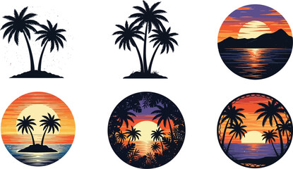 Obraz premium Six tropical beach sunset designs, palm trees against colorful backgrounds