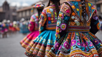 Fototapeta premium Close-Up of Embroidered Dresses With Bright Geometric Patterns Worn by Participants of Festival del Yamor Parade Reflecting Otavalo Textile Traditions and Heritage