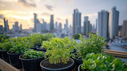 Urban rooftop plants with green pots city skyline and eco lifestyle ideal for urban gardening and sustainability visuals
