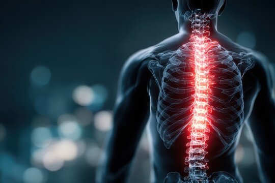 Human back with spine highlighted in red, on a dark blue bokeh background. Perfect for medical, science, or educational content on spinal health.