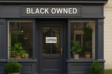 A shopfront with a sign that reads Black Owned and an Open sign hanging on the door promoting local business.