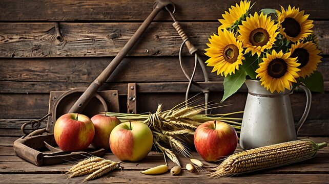 Harvest Celebration, Apples and Sunflowers, Rustic Barn, Still Life, Natural Light, Close-up, Seasonal Abundance