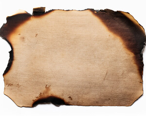 A blank old grunge parchment paper with burnt, torn edges and a brown textured frame on an isolated white background