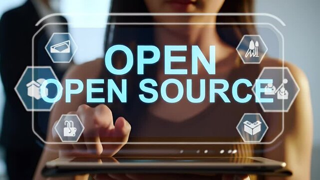 Woman Interacting with Open Source Interface on Tablet Device in Business Setting with Blurry Background and Technological Overlays