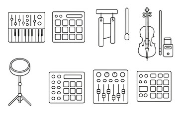 Music production icon set. instruments, recording tools line style collection
