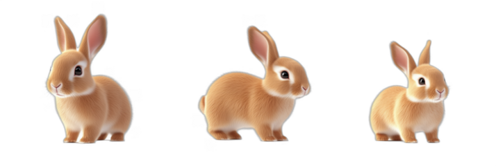 Cute fluffy rabbits in various poses showcasing their adorable features, isolated on transparent background