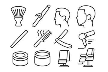 Barber, grooming essentials icon set. outline style for salon, haircut tools.