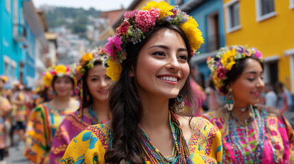 Fototapeta premium Smiling Woman Wearing Traditional Ecuadorian Dress and Colorful Flower Crown Participating in Festival del Yamor Parade Celebrating Indigenous Culture and Joyful Community Spirit