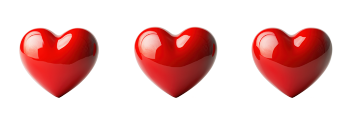 Three glossy red hearts in a row on white background for love and affection themes, isolated on transparent background