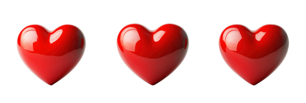 Three glossy red hearts in a row on white background for love and affection themes, isolated on transparent background