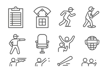 Baseball and coaching outline icon set. sports management vector collection