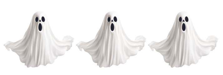 Three cartoon ghost characters with expressive faces for Halloween decorations, isolated on transparent background