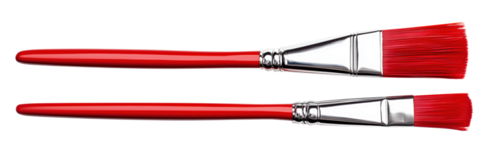 Red paint brushes with glossy handles and vibrant bristles for artistic projects, isolated on transparent background