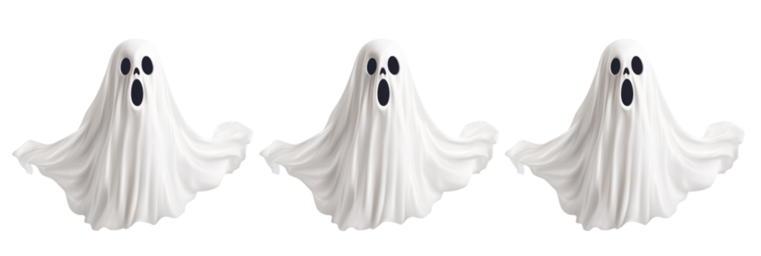 Three cartoon ghost characters with expressive faces for Halloween decorations, isolated on transparent background
