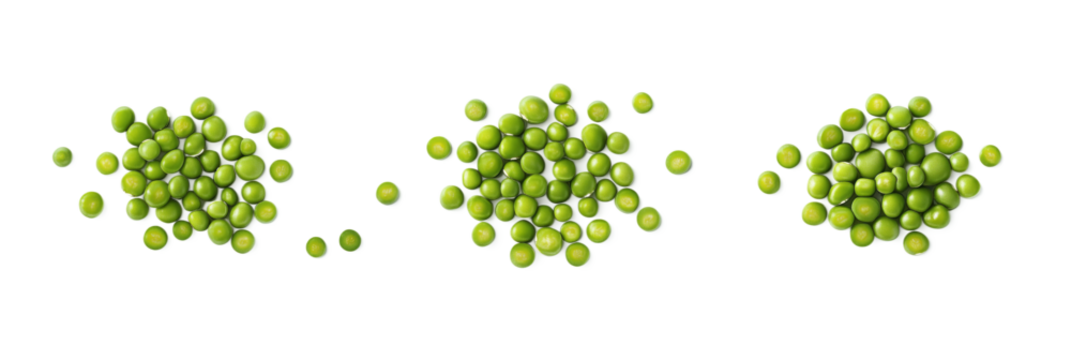 Green peas arranged in three distinct piles showcasing different quantities and textures, isolated on transparent background