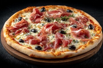 Delicious pizza topped with prosciutto, olives, and herbs served on a wooden board in a cozy setting