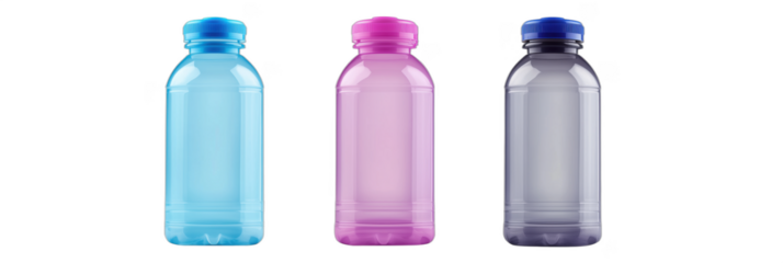Colorful plastic water bottles in blue, pink, and gray with caps, isolated on transparent background