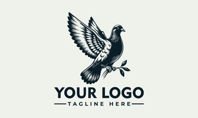 Elegant monochrome pigeon logo design, wings spread, perched on an olive branch.