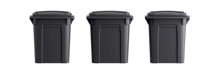 three black trash bins arranged in a row for waste management and recycling, isolated on transparent background