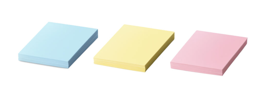 Colorful stacks of sticky notes in blue, yellow, and pink for organization and creativity, isolated on transparent background