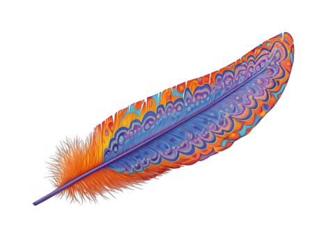 Colorful artistic feather with intricate patterns and vibrant hues, isolated on transparent background
