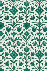 White and green botanical folk pattern with symmetrical leaves.
