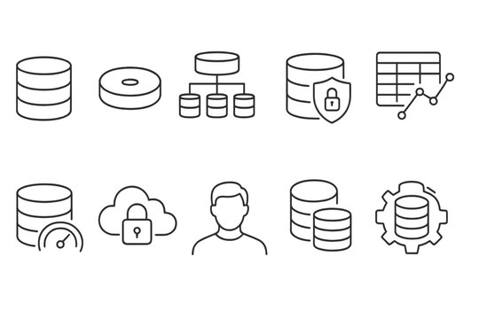 Database management line icon set. cloud, security, data analysis icons outline collection