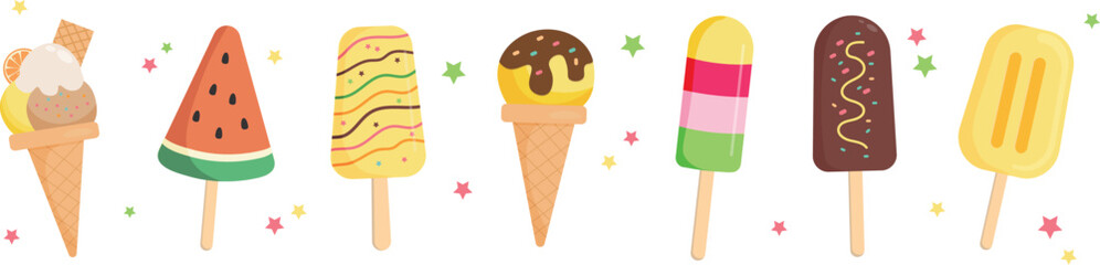 Border with colorful ice creams and stars on the transparent background. Summer template. 