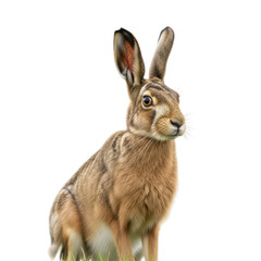 Obraz premium Photo of a brown hare with long ears and alert eyes sits in green grass, looking to the side with a curious expression, isolated on a transparent background