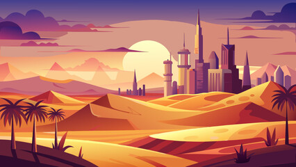 Vector art of modern city skyline emerges from desert dunes at sunset