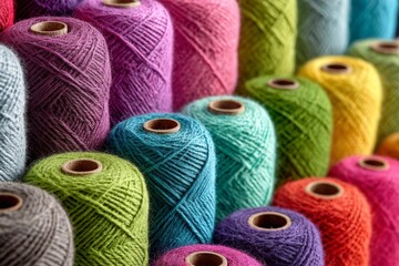 Colorful yarn spools arranged in neat rows display a vibrant palette for crafting enthusiasts in a well-lit studio