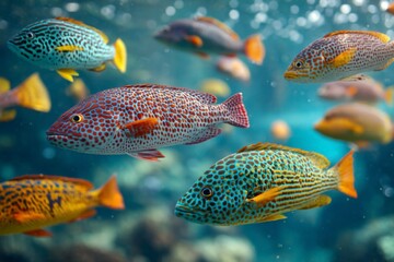Fototapeta premium Colorful tropical fish swimming in a vibrant marine environment during a bright daytime