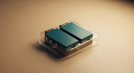 Two modern electric car batteries in a transparent case on a warm brown background