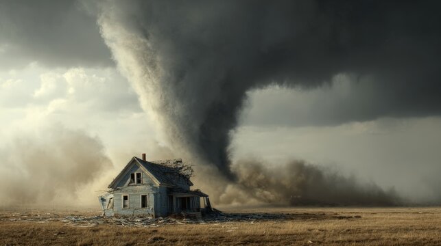 Intense tornado near abandoned house on vast prairie landscape during stormy weather - Powered by Adobe