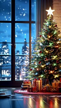 Christmas Tree With Presents and City View Through Window in Festive Anime Style