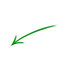 Dynamic hand-drawn green brush stroke arrow pointing diagonally downwards and left, ideal for emphasizing, highlighting, or indicating direction in artistic and graphic designs.