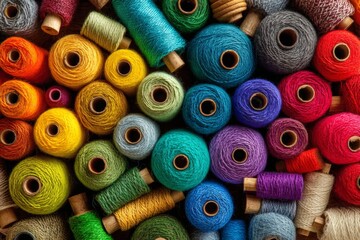 Colorful spools of thread arranged in a visually captivating pattern showcasing various shades in a crafting space