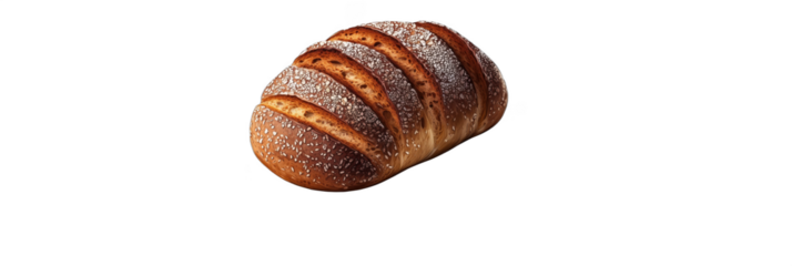 Freshly baked artisanal bread loaf with sliced pieces and sesame seeds, isolated on transparent background