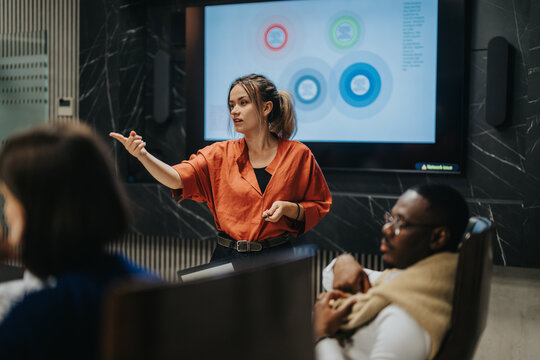 A diverse group of business people engage in a brainstorming session, strategizing for business growth. They are collaborating late at night in a contemporary office setting. - Powered by Adobe