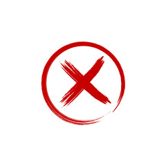 Obraz premium Hand-drawn red brush stroke cross mark within a circle, symbolizing error, cancellation, or rejection, ideal for UI/UX, warnings, and invalid feedback in digital design.