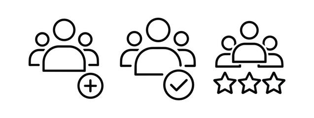Set of three user group icons, depicting adding new members, confirming a group, and group rating or popularity, ideal for social media, networking, and community platforms.