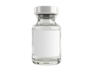 Clear glass vial with white cap and blank label for pharmaceutical use, isolated on transparent background