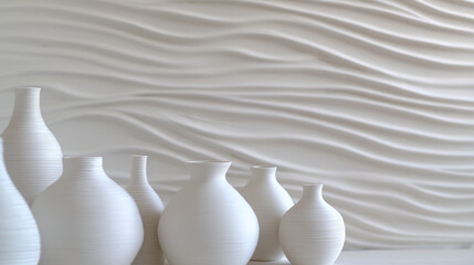 White ceramic vases with soft curves are arranged in front of white clay backdrop featuring sculptural wave patterns, creating serene and elegant decorative display