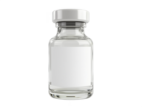 Clear glass vial with white cap and blank label for pharmaceutical use, isolated on transparent background